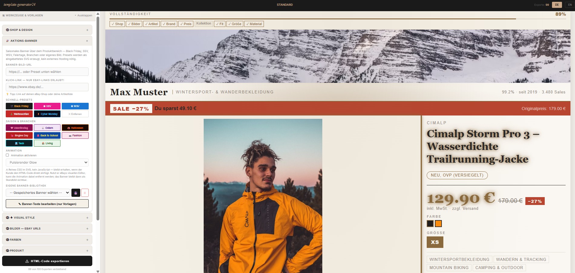 Standard eBay-Vorlage im Generator: Editor-Sidebar links, Live-Vorschau des fertigen Listings rechts