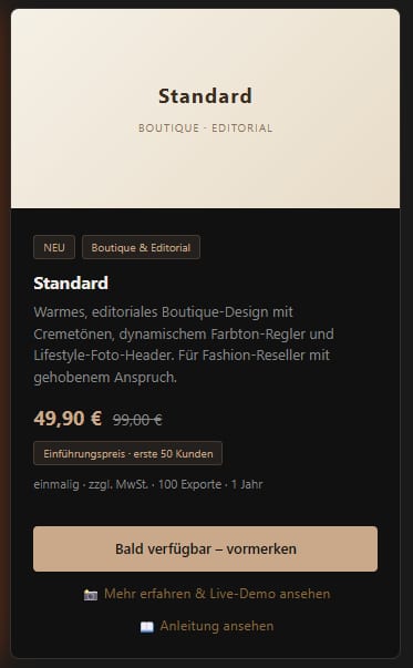 eBay-Starter — einmalig einsteigen, 100 HTML-Exporte, Code bleibt beim Wechsel ins Abo erhalten.